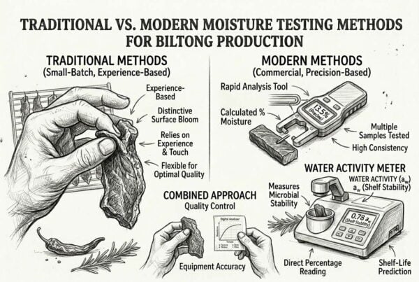 Traditional and modern biltong moisture testing methods comparing artisanal techniques with digital precision tools.