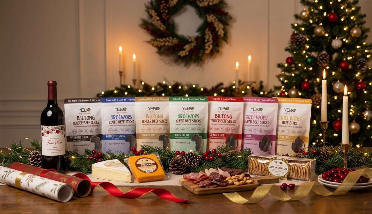 Biltong-snack choices on a table with some holiday decorations
