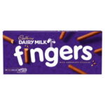 Cadbury Dairy Milk Fingers box with chocolate-covered biscuits on purple packaging.