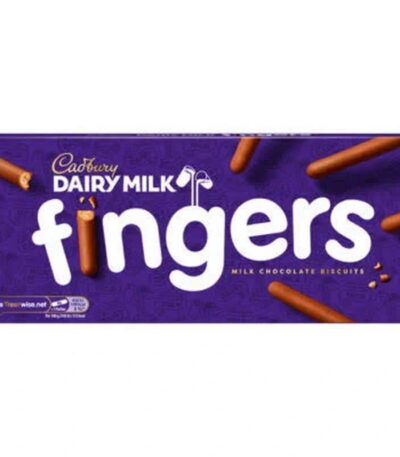 Cadbury Dairy Milk Fingers box with chocolate-covered biscuits on purple packaging.