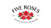 Classic design of five roses logo with green leaves on a black background.