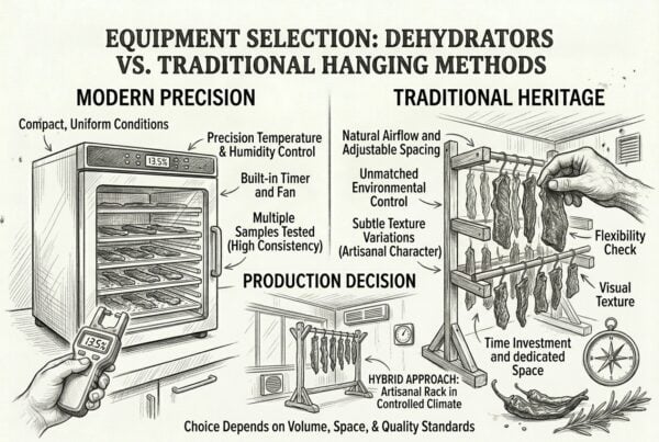 Modern dehydrator vs traditional hanging food drying methods comparison infographic.
