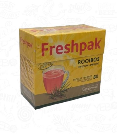 Freshpak Rooibos tea box with 80 caffeine-free South African herbal infusion tea bags.