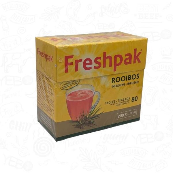 Freshpak Rooibos tea box with 80 caffeine-free South African herbal infusion tea bags.