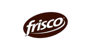 Frisco logo in white cursive text inside a brown oval design.