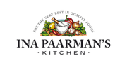 Ina Paarman’s Kitchen logo with chef illustration and fresh vegetables, South African food brand.