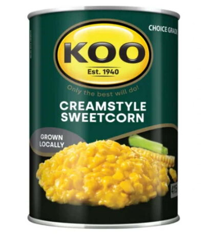 KOO Creamstyle Sweetcorn can with creamy yellow corn and green label packaging.