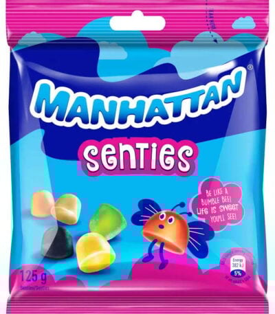 Colorful Manhattan Scenties candy bag with butterfly mascot and assorted chewy sweets.