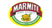 Marmite logo with red, yellow, and green design highlighting yeast extract and vegetarian spread.