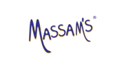 Massams logo in blue and yellow playful font with registered trademark symbol.