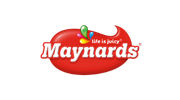 Maynards candy logo with red glossy design and colorful fruity splash elements.