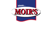 Moir’s logo with bold red lettering on blue and black background representing classic confectionery brand.