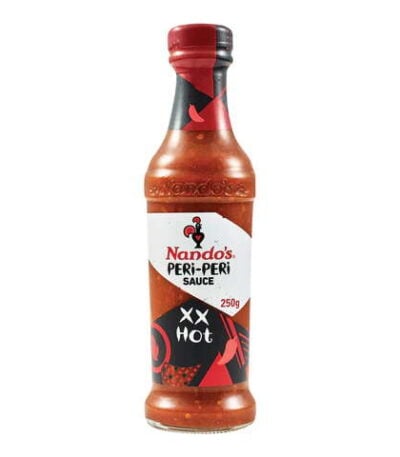 Nando’s XX Hot Peri-Peri Sauce bottle with fiery chili flavor and bold packaging.