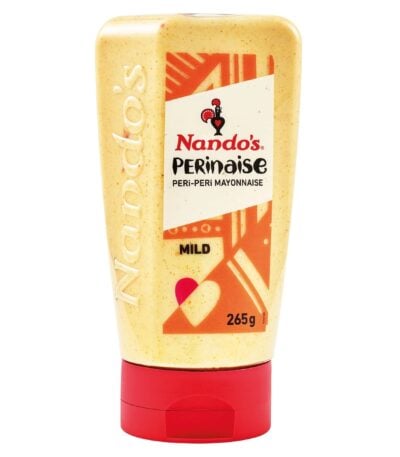 Nando’s Perinaise Mild peri-peri mayonnaise squeeze bottle, 265g condiment packaging.
