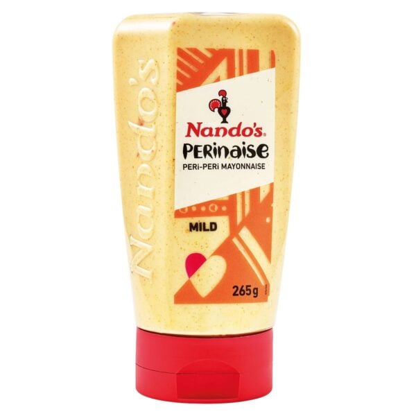 Nando’s Perinaise Mild peri-peri mayonnaise squeeze bottle, 265g condiment packaging.