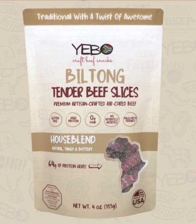YEBO Natural Biltong HouseBlend snack packaging with tender air-cured beef slices.
