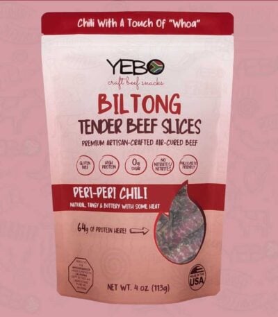 Premium Peri-Peri chili biltong beef slices by Yebo packaging with high-protein artisan air-cured meat design.