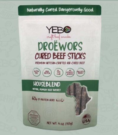 YEBO Natural Droëwors cured beef sticks package with natural, high-protein, South African-style meat snack design.