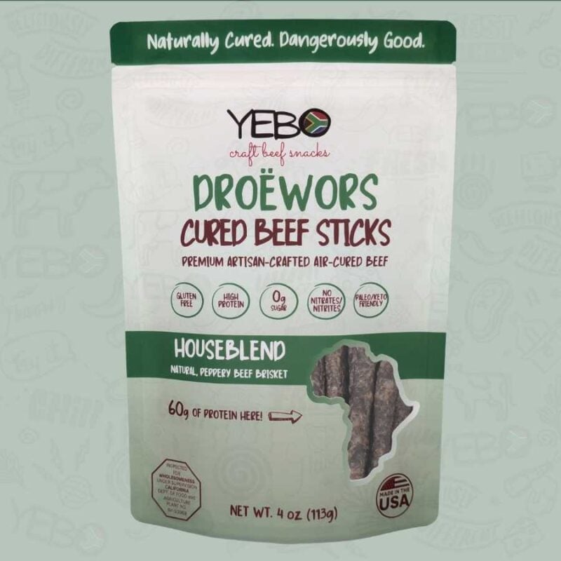 YEBO Natural Droëwors cured beef sticks package with natural, high-protein, South African-style meat snack design.