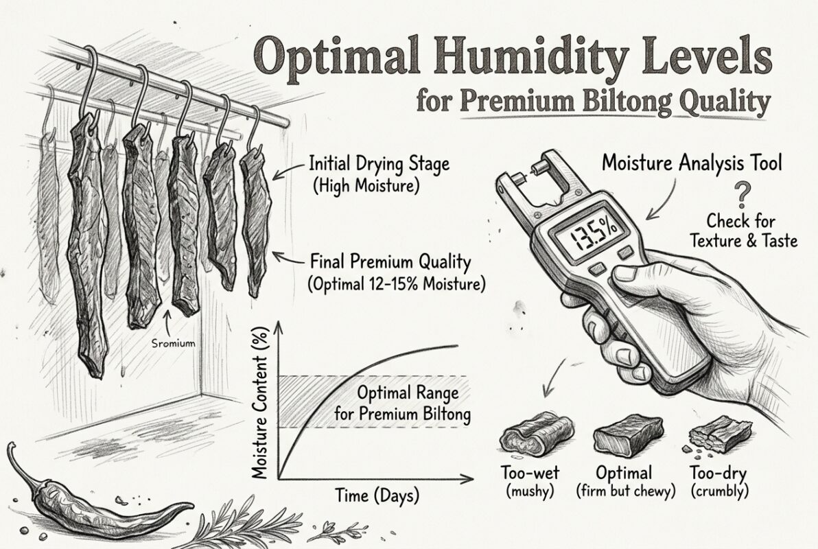 Biltong drying process infographic showing optimal humidity and moisture levels for premium quality meat.