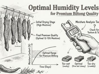 Biltong drying process infographic showing optimal humidity and moisture levels for premium quality meat.