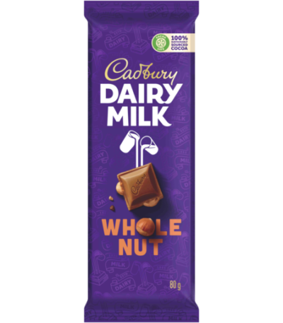 Cadbury Whole Nut Slab 80g milk chocolate with whole roasted almonds packaging