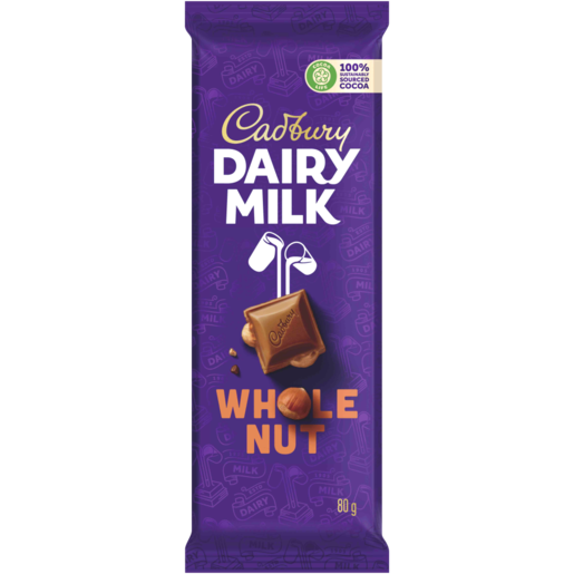 Cadbury Whole Nut Slab 80g milk chocolate with whole roasted almonds packaging