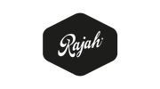 Elegant dark hexagon logo with cursive Rajah text in minimalist black and gray design.