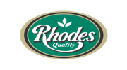 Rhodes logo with green oval background symbolizing freshness, quality, and natural food products.