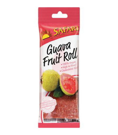Safari Guava Fruit Roll snack packaging showing 100% fruity, high-fiber guava roll.