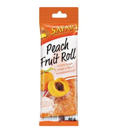 Safari Peach Fruit Roll snack packaging with fresh peach image and vegan, high-fiber features.