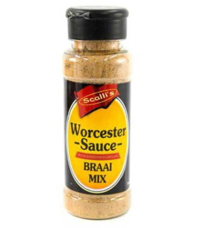 Scalli’s Worcester Sauce Braai Mix spice bottle with black label and yellow branding.