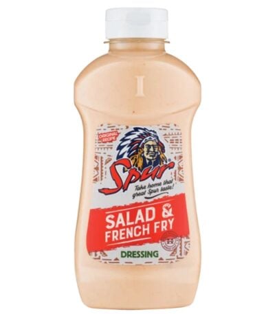 Spur Salad and French Fry Dressing bottle with creamy pink sauce and colorful logo.