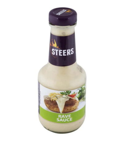 Steers Rave Sauce bottle with creamy condiment and bold branding on glass packaging.