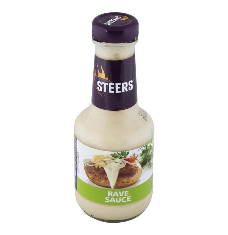 Steers Rave Sauce bottle with creamy condiment and bold branding on glass packaging.