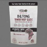Yebo Traditional Biltong premium air-cured beef snack packaging with South African inspired design and protein details.