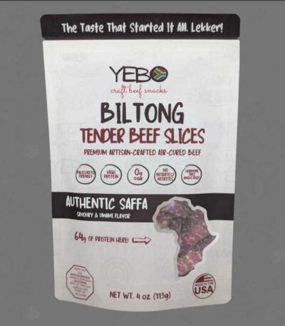 Yebo Traditional Biltong premium air-cured beef snack packaging with South African inspired design and protein details.