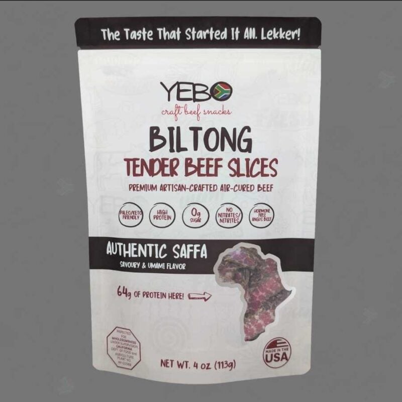 Yebo Traditional Biltong premium air-cured beef snack packaging with South African inspired design and protein details.