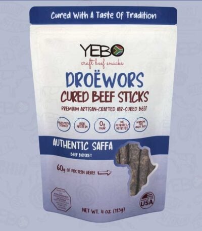 YEBO Traditional Droëwors cured beef sticks package showcasing high-protein South African craft beef snack.