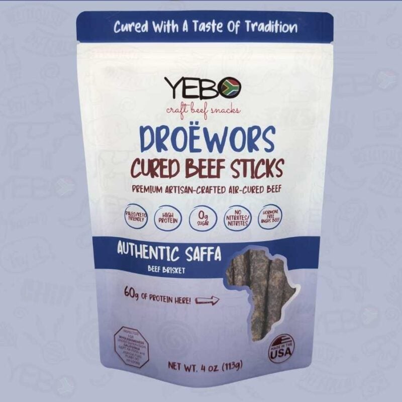 YEBO Traditional Droëwors cured beef sticks package showcasing high-protein South African craft beef snack.