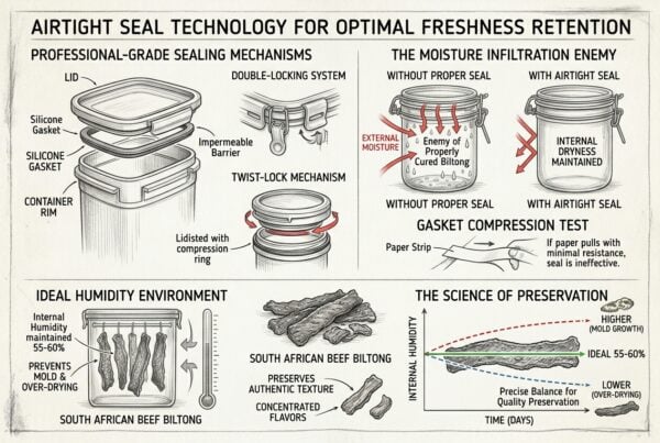 Storage container selection for maximum biltong freshness during spring weather 2 Airtight seal technology infographic showing humidity control and freshness preservation for south african beef biltong.