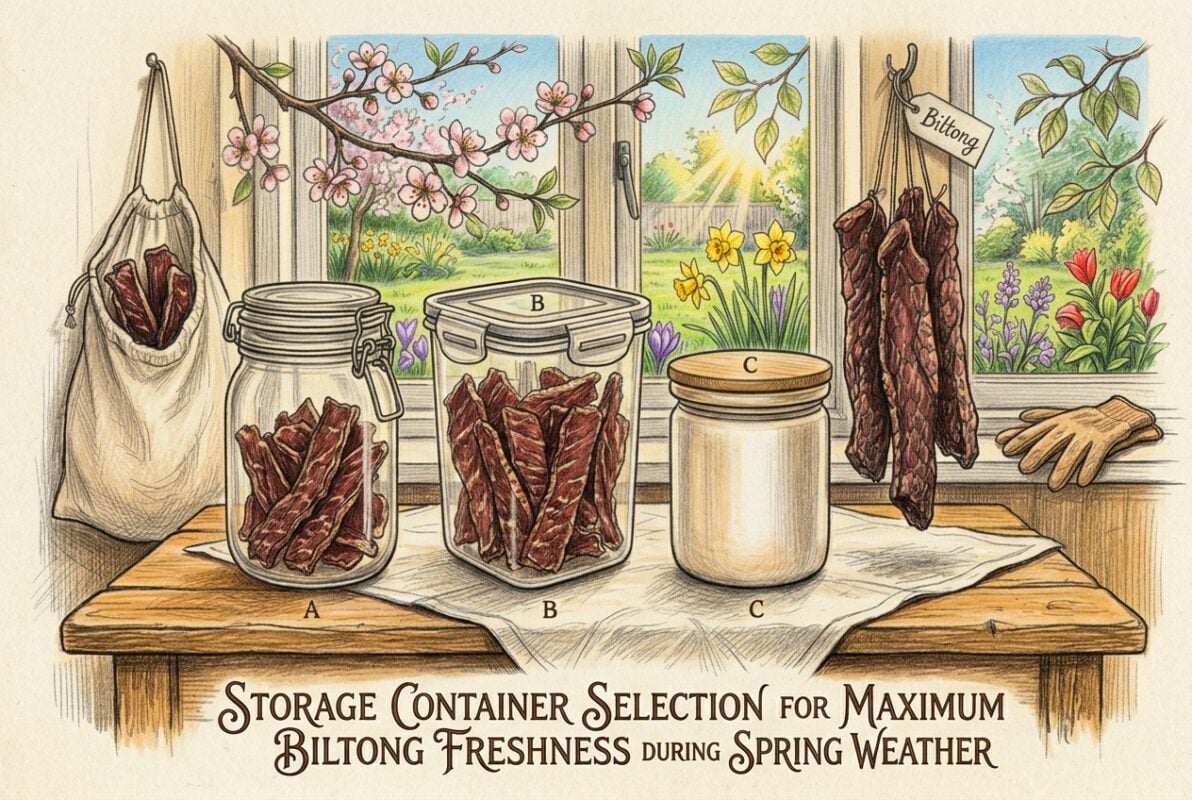 Spring biltong storage containers on wooden table with sunlight and garden view.