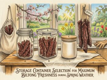 Spring biltong storage containers on wooden table with sunlight and garden view.