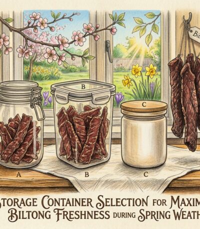 Spring biltong storage containers on wooden table with sunlight and garden view.