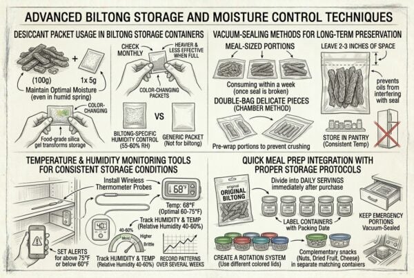 Storage container selection for maximum biltong freshness during spring weather 4 Advanced biltong storage, moisture control, and vacuum sealing infographic guide for long-term freshness.
