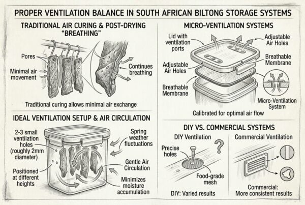 Storage container selection for maximum biltong freshness during spring weather 3 Biltong storage ventilation guide showing airflow balance for traditional and modern curing systems.