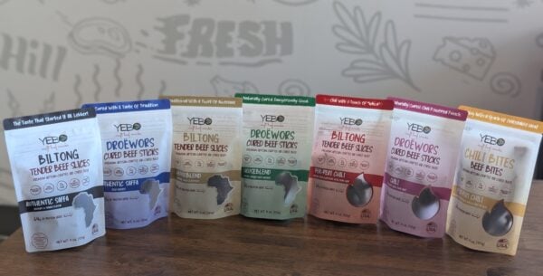 Yebo craft beef snack pouches showcasing assorted biltong, droëwors, and chili beef flavors.