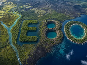 Aerial tropical landscape spelling YEBO with eco-friendly air-curing natural green islands.