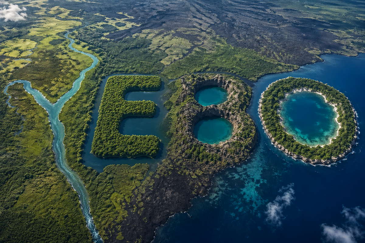 Aerial tropical landscape spelling YEBO with eco-friendly air-curing natural green islands.