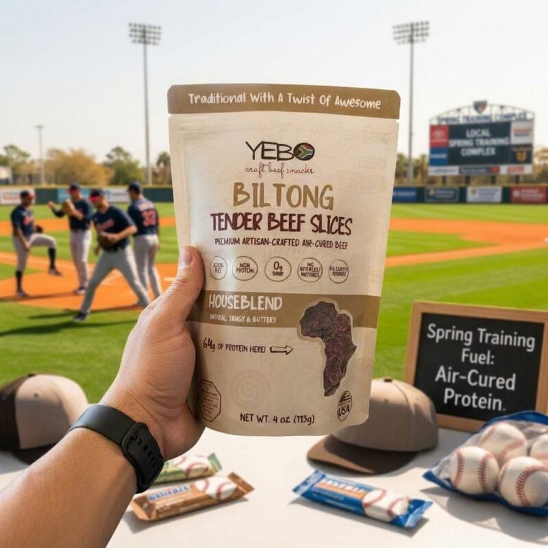 Hand holding yebo biltong beef snack at sunny baseball field during spring training.